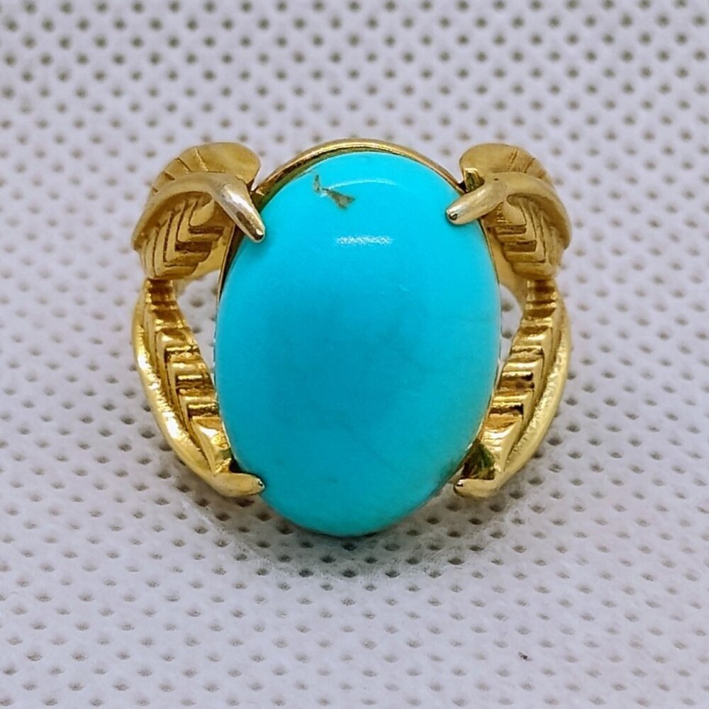 Gold Over 925 Sterling Silver Leaf Setting Ring w/Faux Turquoise Stone Size 6